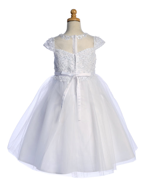 Girls Illusion Neckline Pearl Sequin Corded Embroidered Tulle Communion Plus Size Dress 8.5-20.5